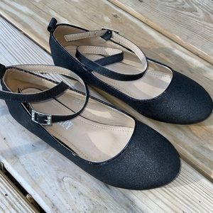 Girls Black Sparkle Ankle-Strap Flat  Size 1